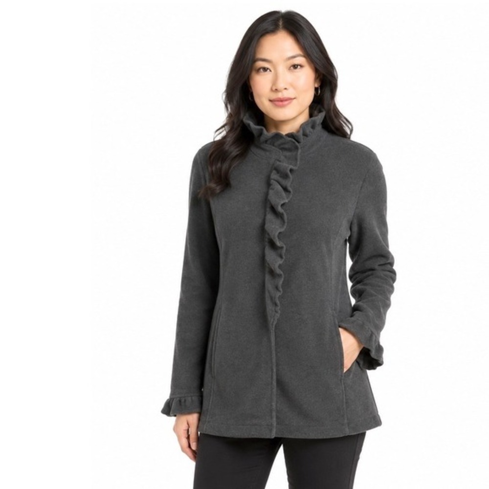 Eivissa Collection Women XL Gray Fleece Ruffle Trim Button Front Jacket Coat